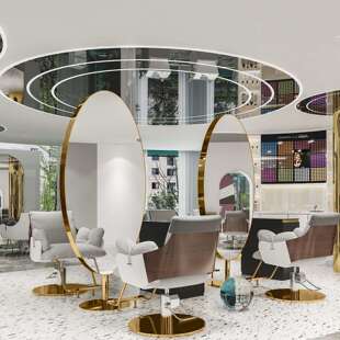 网红理发店镜台不锈钢落地镜全身镜子发廊专用美发双面镜带灯led