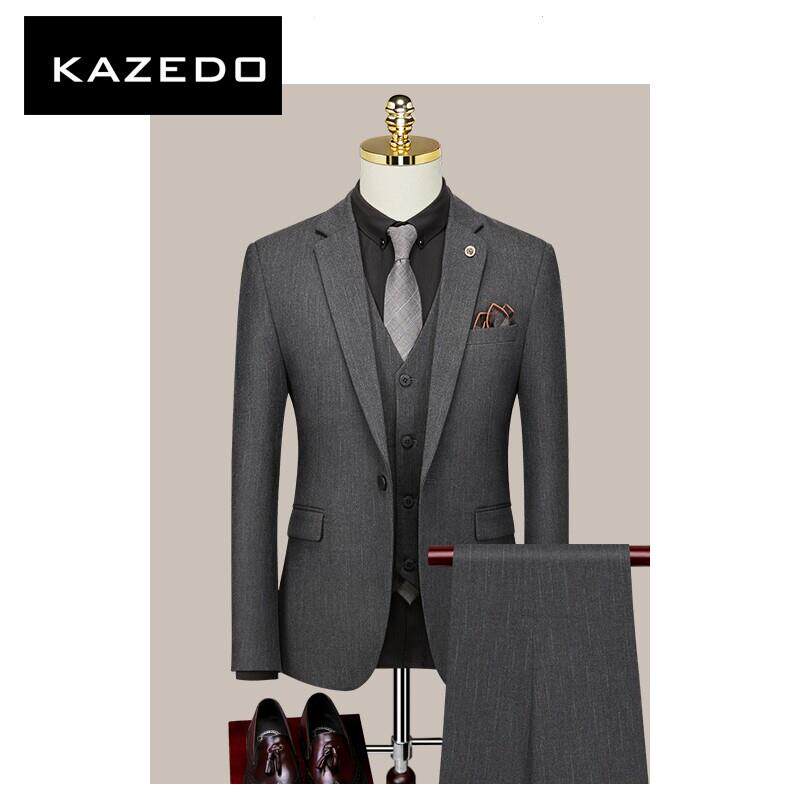 Kazedo新郎西服套装男士三件套结婚礼服潮流韩版商务休闲条纹西装