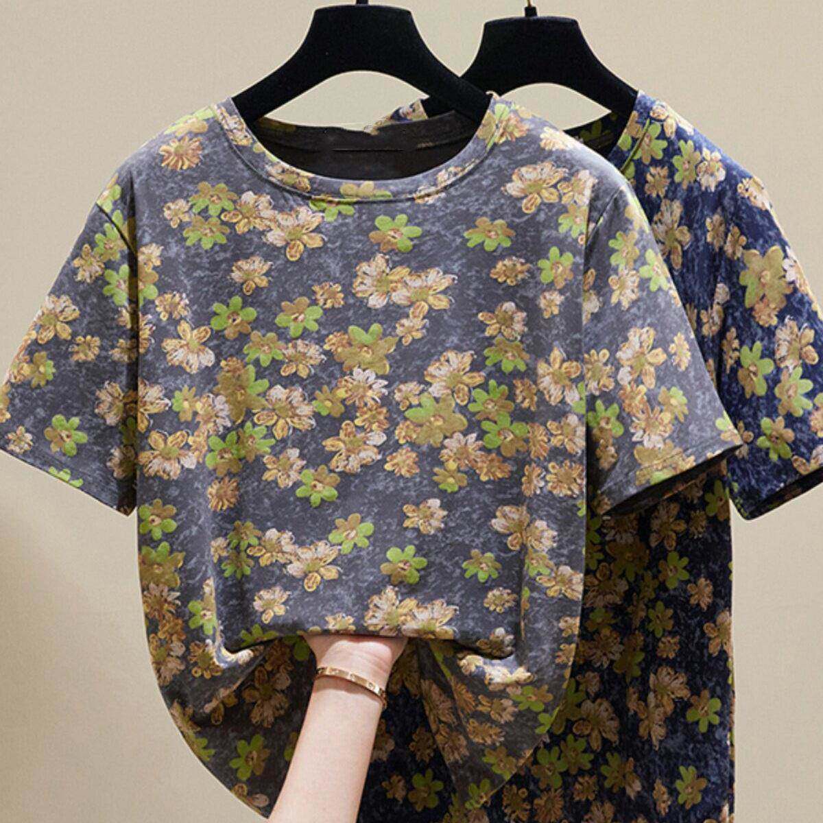 ROUJE ESVIP复古休闲碎花短袖T恤女夏季高级纯棉宽松圆领百搭上衣