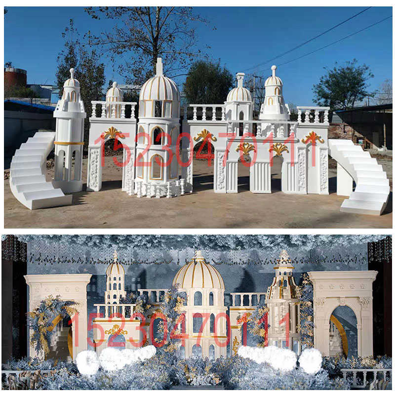 婚庆泡雕城堡泡沫雕塑中式婚礼屋檐假山罗马柱拱门宴会厅吊顶装饰