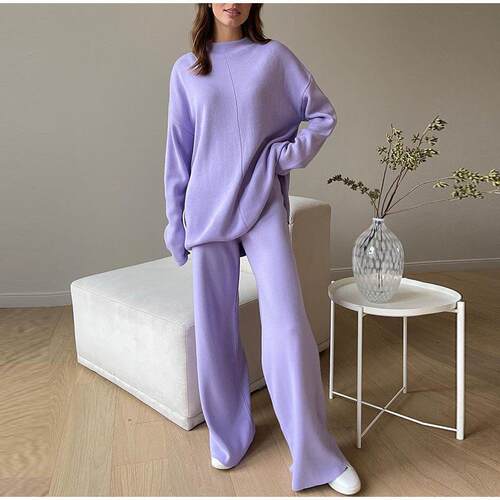 Knitted pullover high neck sweater set with top and pants