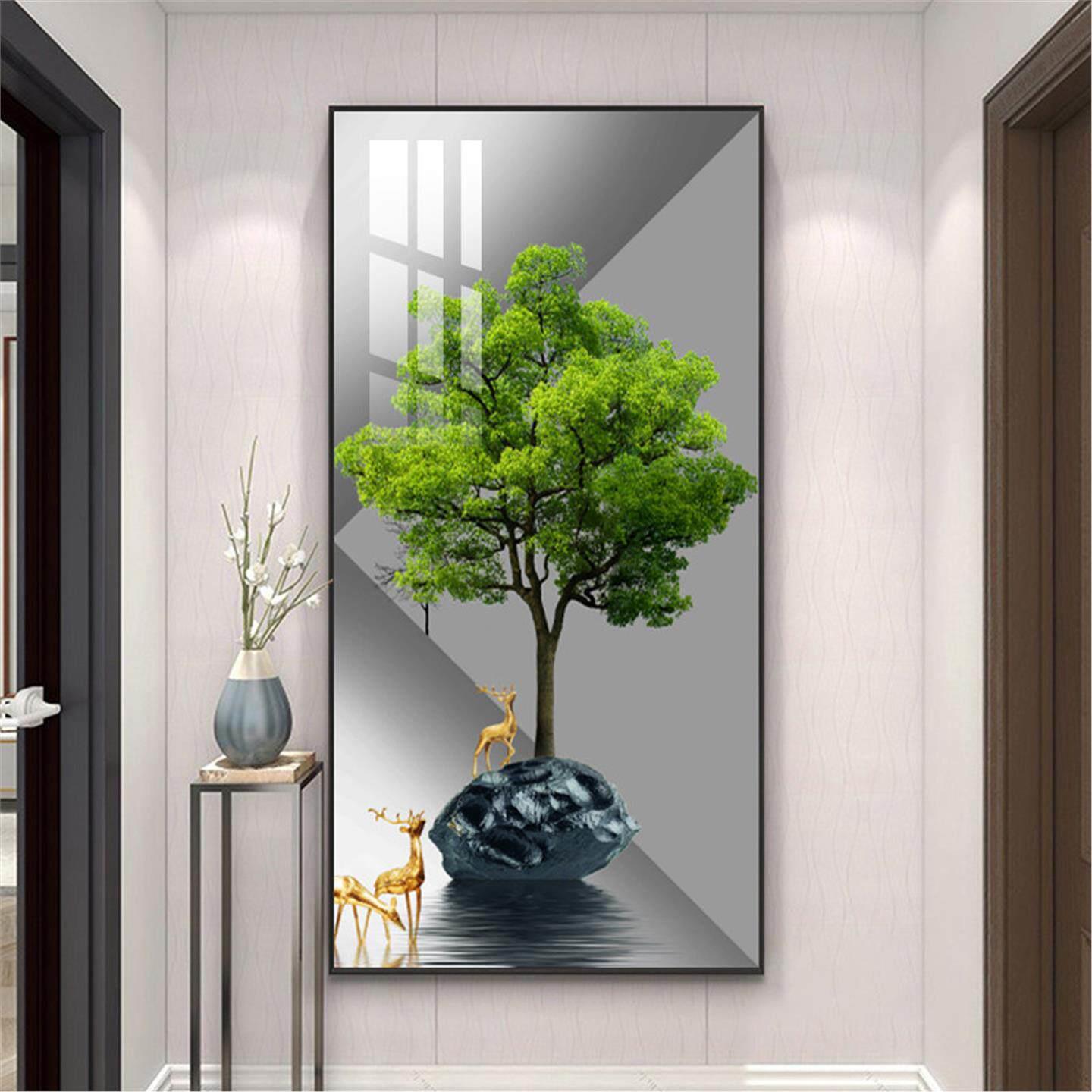 入户进门发财树玄关装饰画轻奢走廊过道背景墙面挂画竖版现代壁画
