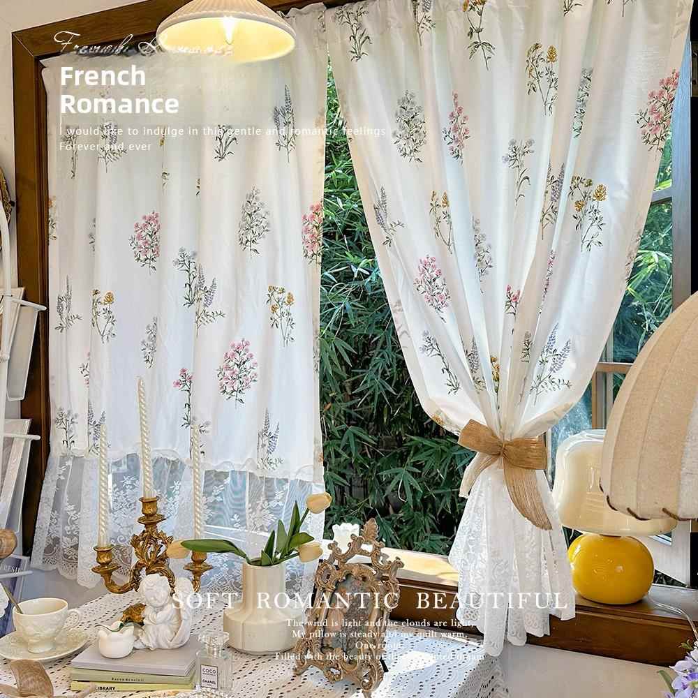 韩式田园法式浪漫蕾丝拼接棉麻窗帘隔断小窗装饰半帘厨房门帘短帘