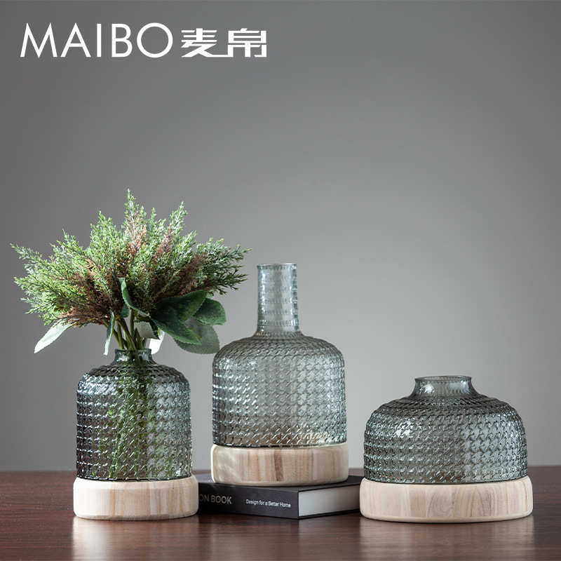 简约现代凹凸波浪纹透明玻璃花瓶客厅桌面水培花器木底座装饰,家居饰品,花瓶,淘宝优惠券,粉丝福利购,淘宝优惠卷