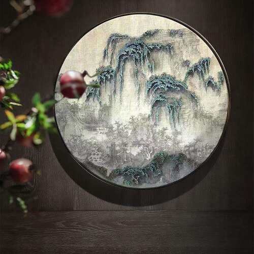 新中式书房茶室圆形山水禅意挂画中国风客厅墙面装饰画实物画 - 封面