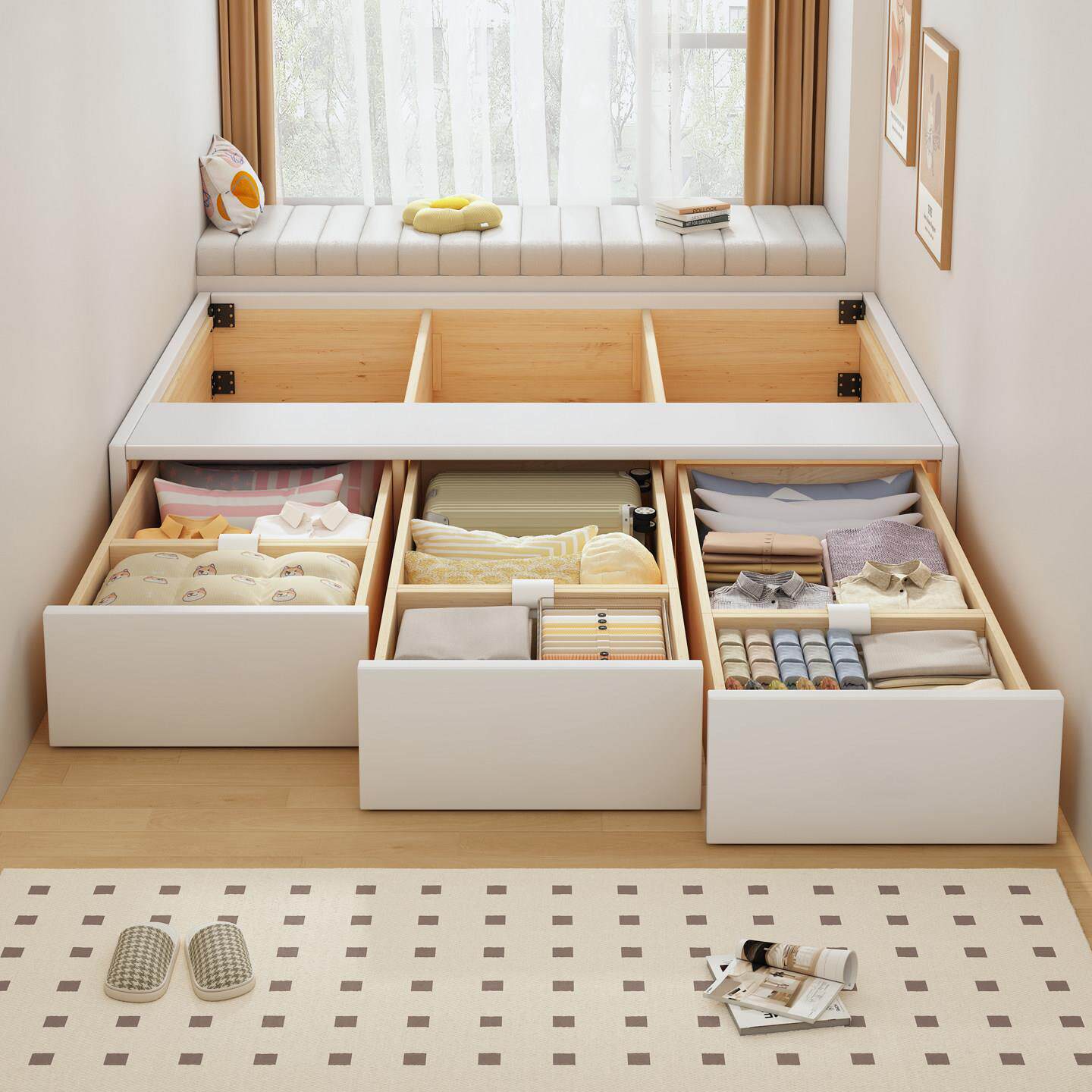 无床头箱体抽屉卧室地台床排骨架高箱收纳床全实木榻榻米可定制