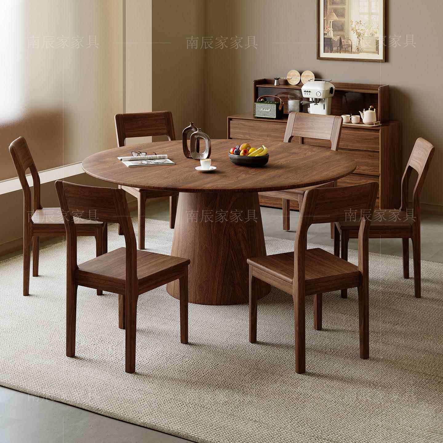 黑胡桃木餐桌带岩板转盘家用吃饭桌子全实木圆桌中古风餐桌椅组合