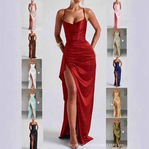 Summer Color Strap Split Shoulder Lady Dress Sexy Evening