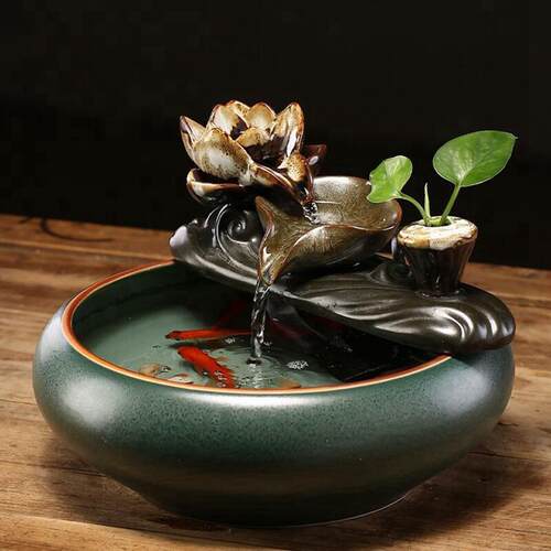 循环流水陶瓷鱼缸招财进宝生财摆件莲花创意流水器茶台风水摆件