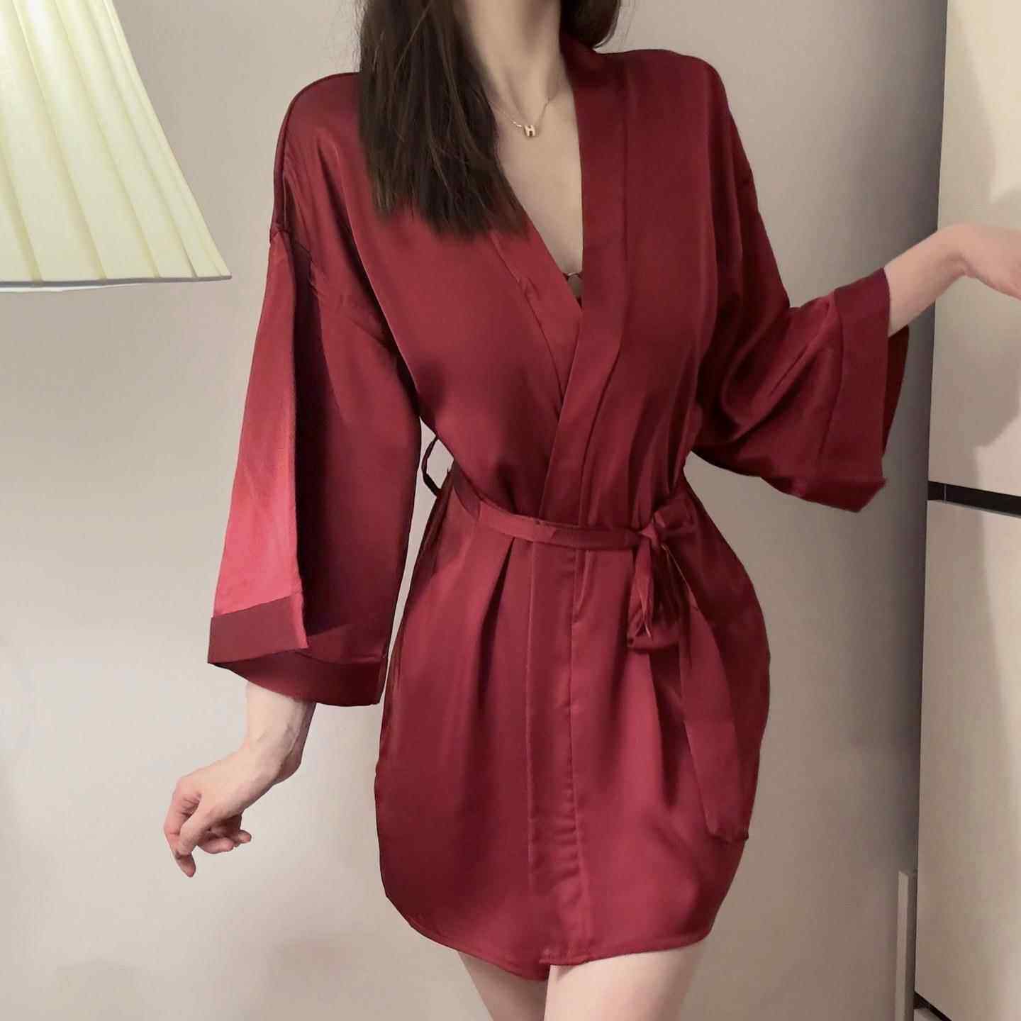 夜趣夏季性感睡衣缎面薄款开衫系带睡袍大码浴袍家居服睡袍女套装