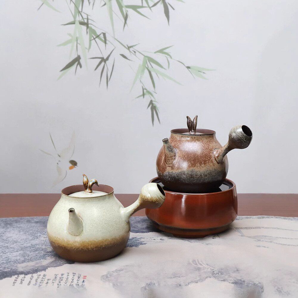 明德园红泥砂铫烧水茶壶电陶炉侧把煮茶窑变壶卡盖玉书煨窑变釉