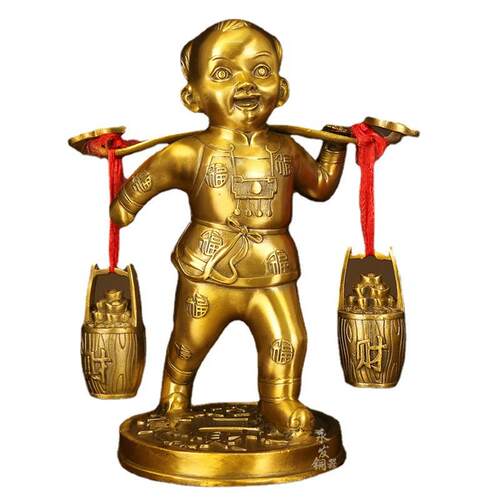 全铜挑财童子摆件黄铜挑财送财童子善财童子办公室桌面工艺品