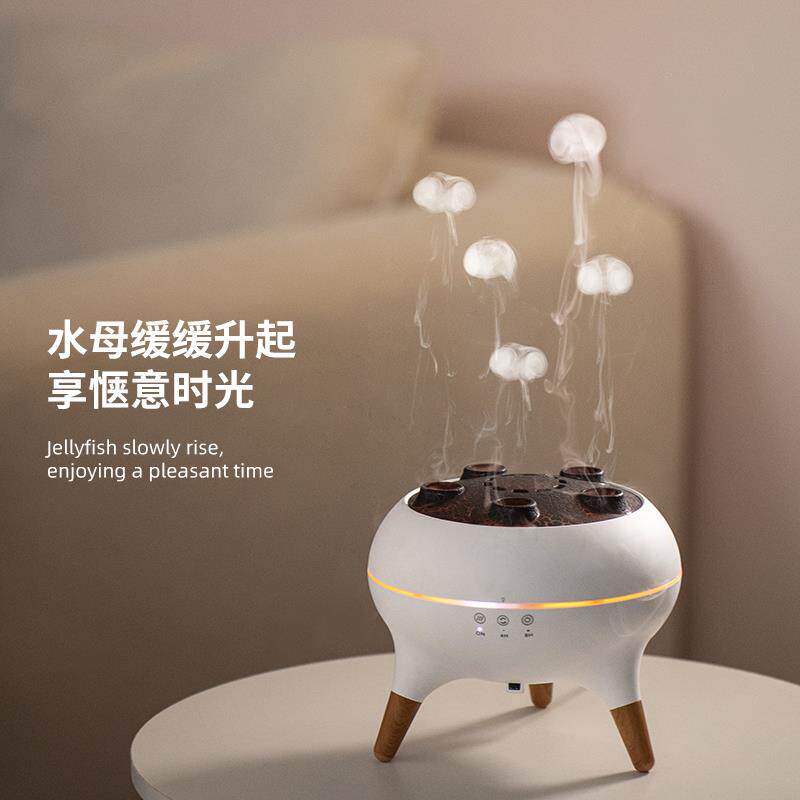 新款五音喷拾加湿器水母香薰喷机家动用卧室静/音七彩大雾量自香