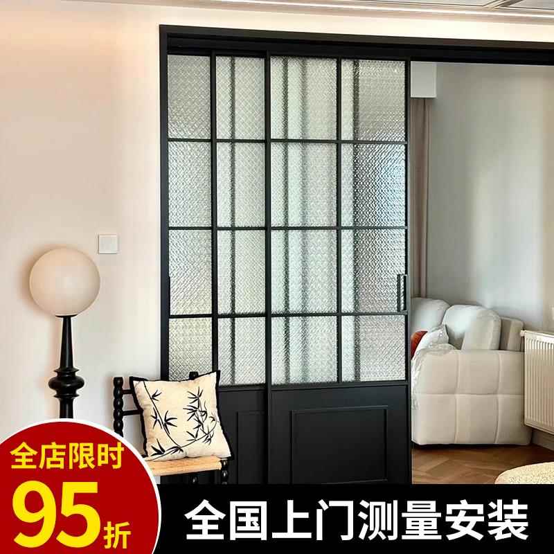 法式复古中古风厨房三联动推拉门胡桃木色阳台吊轨玻璃移门铝合金图片