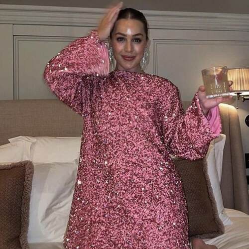 Women's long sleeved plus size sequin bead backless dress