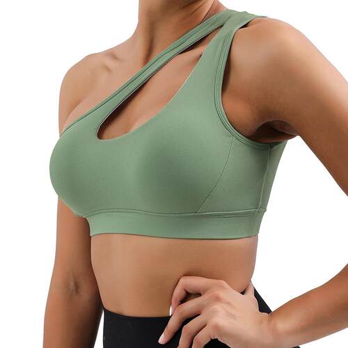 Slant shoulder yoga bra, single shoulder hollowed out