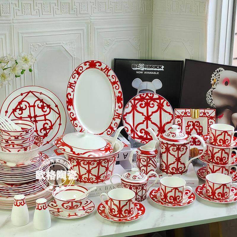 骨瓷过年中国红餐具爱家高档西餐盘碗勺杯碟组合套装送礼乔迁礼盒