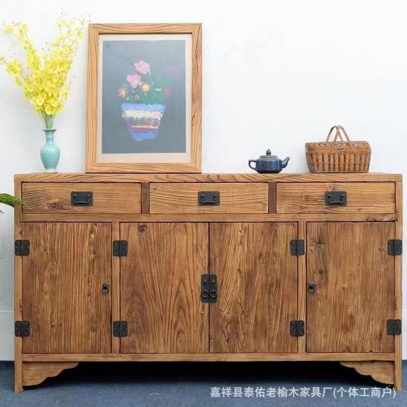 老榆木斗柜新中式储物柜实木客厅餐边柜风化做旧纹理墙边整理柜