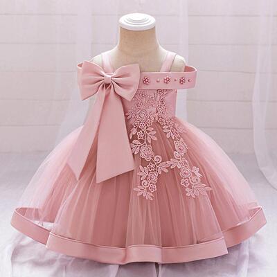 applique kids clothes big bow 5081 green flower girls frock