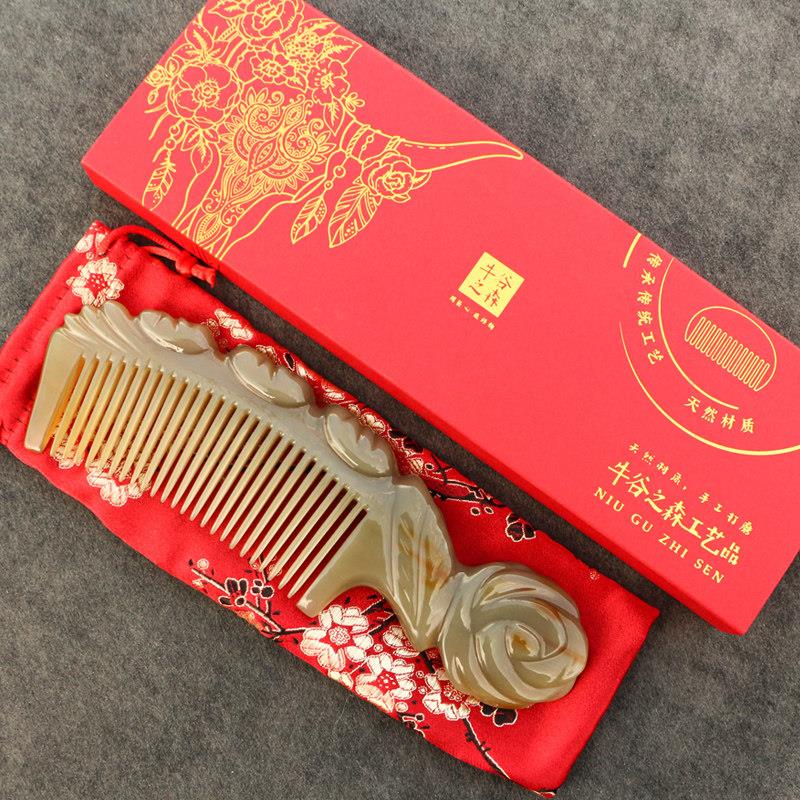 天然玫瑰雕花牛角梳子密齿护理清洁头皮洗漱按摩养发头皮梳长19CM