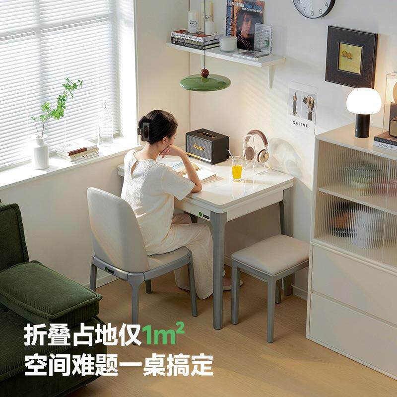 小户型折叠餐桌家用可伸缩现代简约轻奢长方形省空间实木岩板桌J&