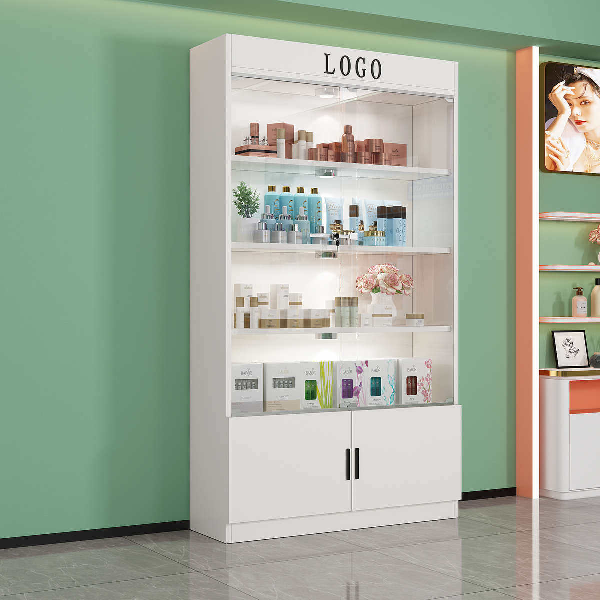 商用锁化妆品柜柜子展示展柜货柜产品礼品美容院玻璃其它玻璃门带