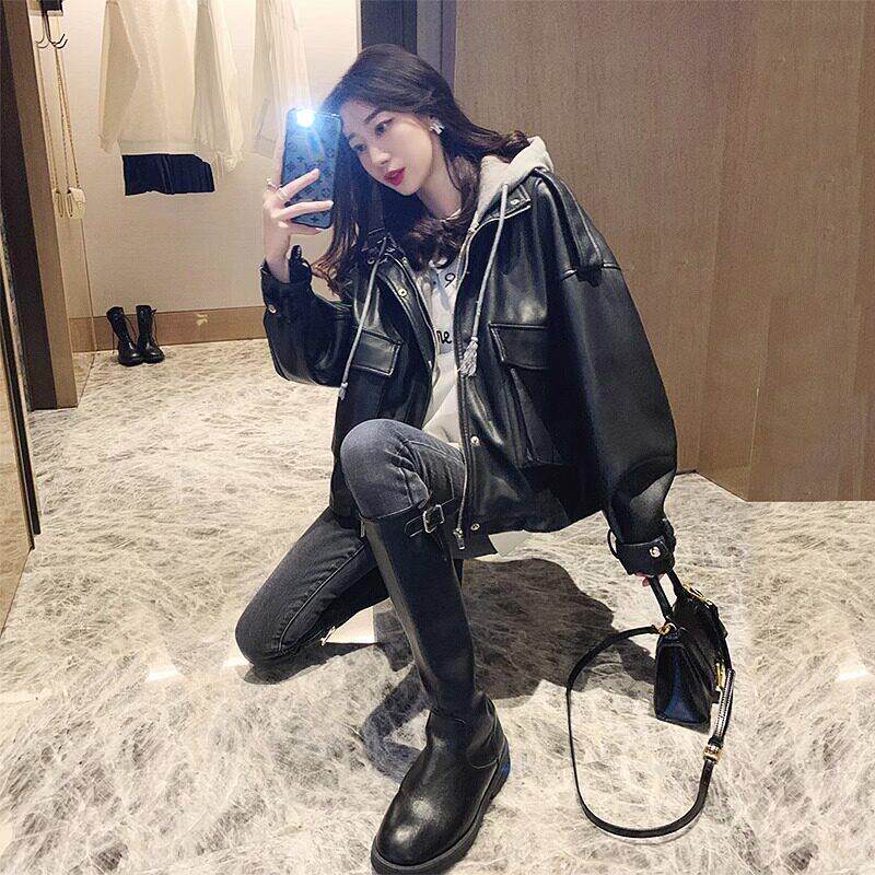 皮衣外套女春秋2025新款时尚百搭小个子短款假两件拼接机车皮夹克
