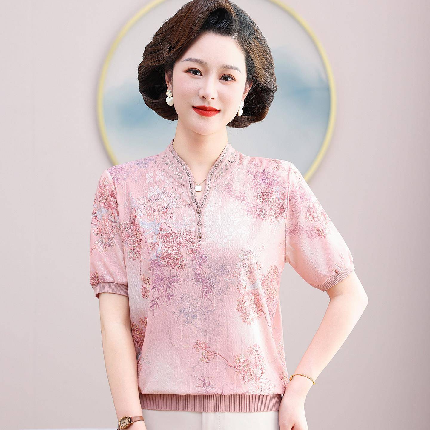 中老年人夏装女冰丝上衣 中年妇女夏季小衫妈妈款奶奶短袖T恤套装