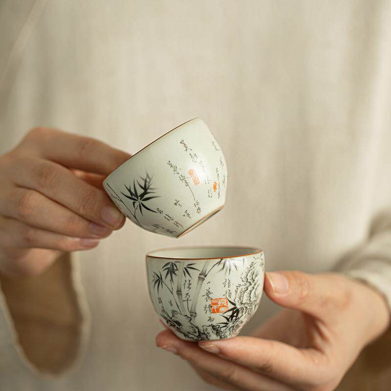 汝窑墨竹开片茶杯陶瓷茶具品茗杯主人杯客杯单杯喝茶专用功夫茶具