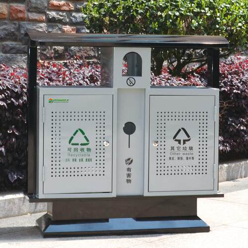 新款户外钢木垃圾桶公园学校候车厅街道分类双桶果皮箱回收箱