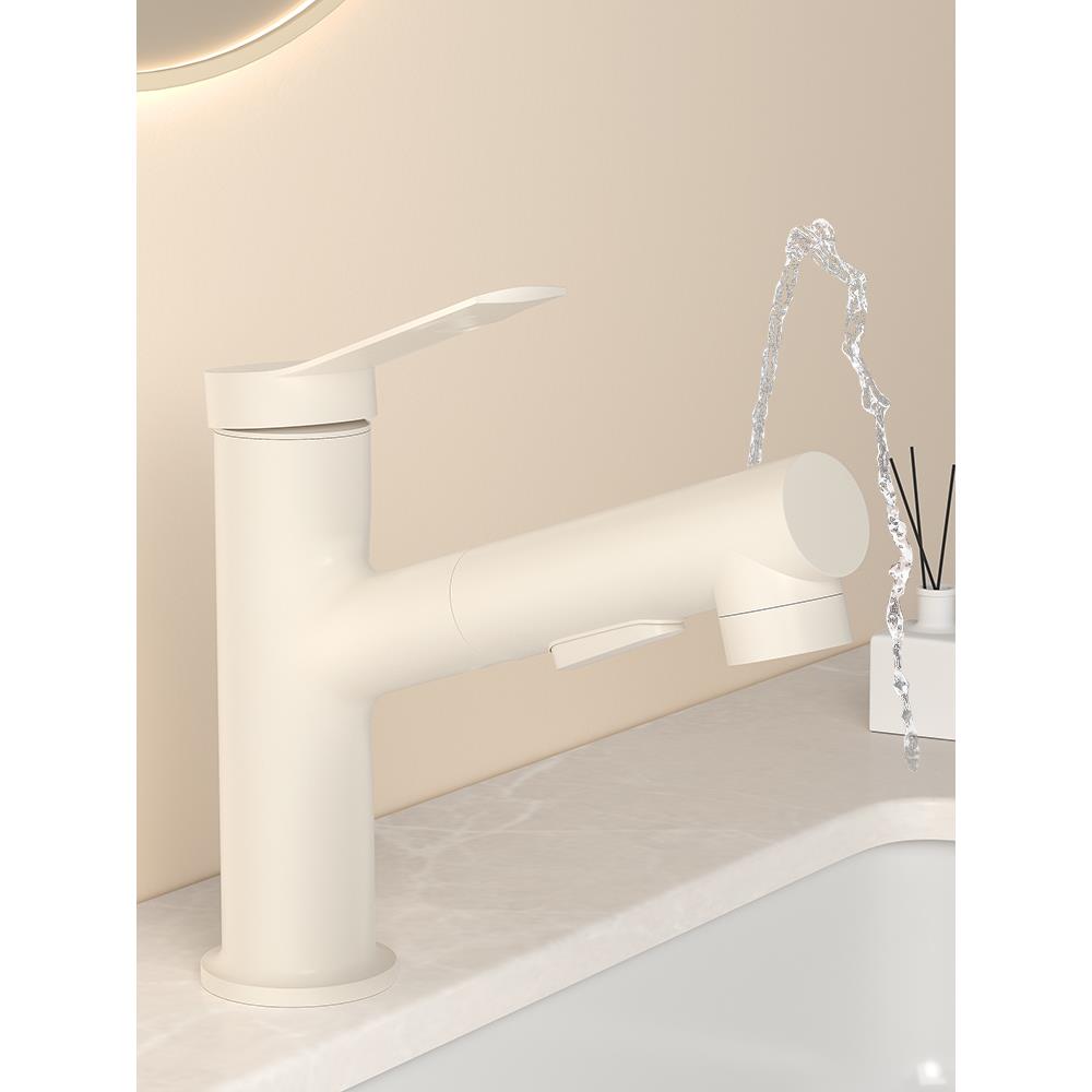 九美王全铜白色可调洗脸盆冷热水龙头家用洗脸盆拉出式浴室盆