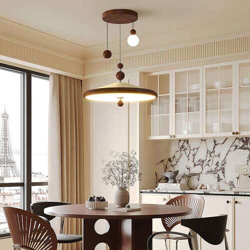 中古风复古餐厅摇臂吊灯胡桃木色创意新款飞碟灯全光谱吧台吊灯