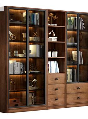 轻奢全实木厅璃展示柜一体整墙NGP书书柜带玻门落地架靠墙储客物