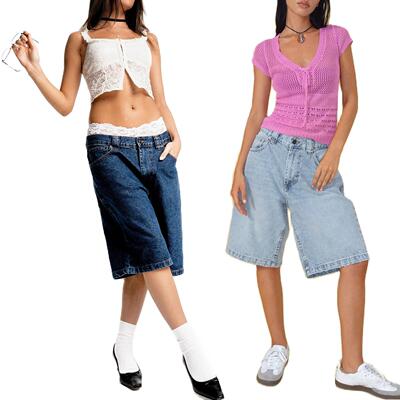 High Stretchlong Baggy Denim Jorts For Women - High Waisted