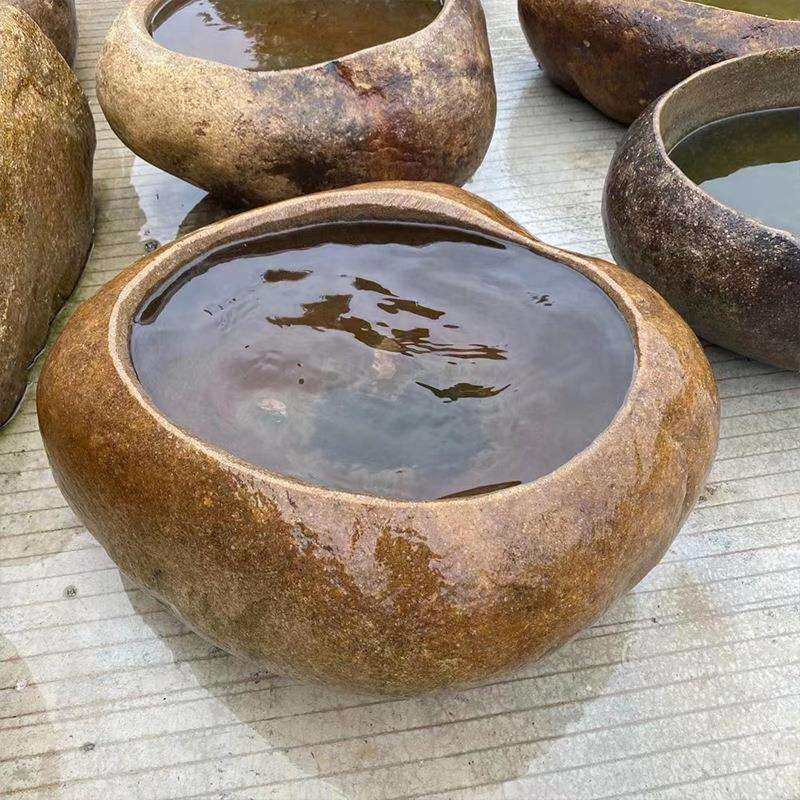 黄麻石天然原石景观大石头江滩石河景垫脚踏步石石盆石槽水槽加工