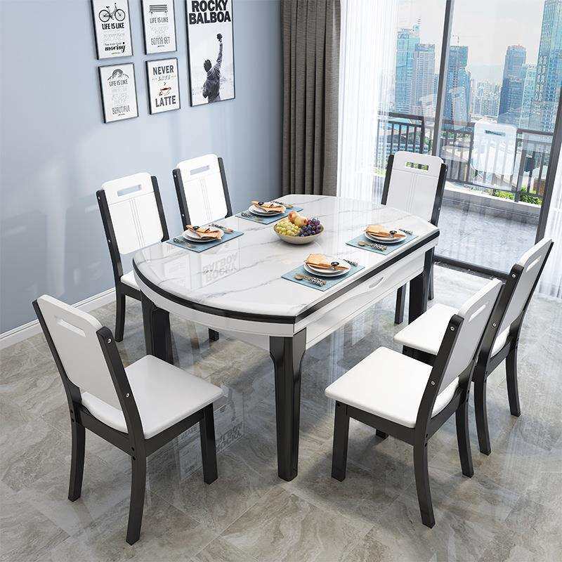 岩板餐桌椅组合家用小户型实木可伸缩折叠家具现代简约圆形饭桌