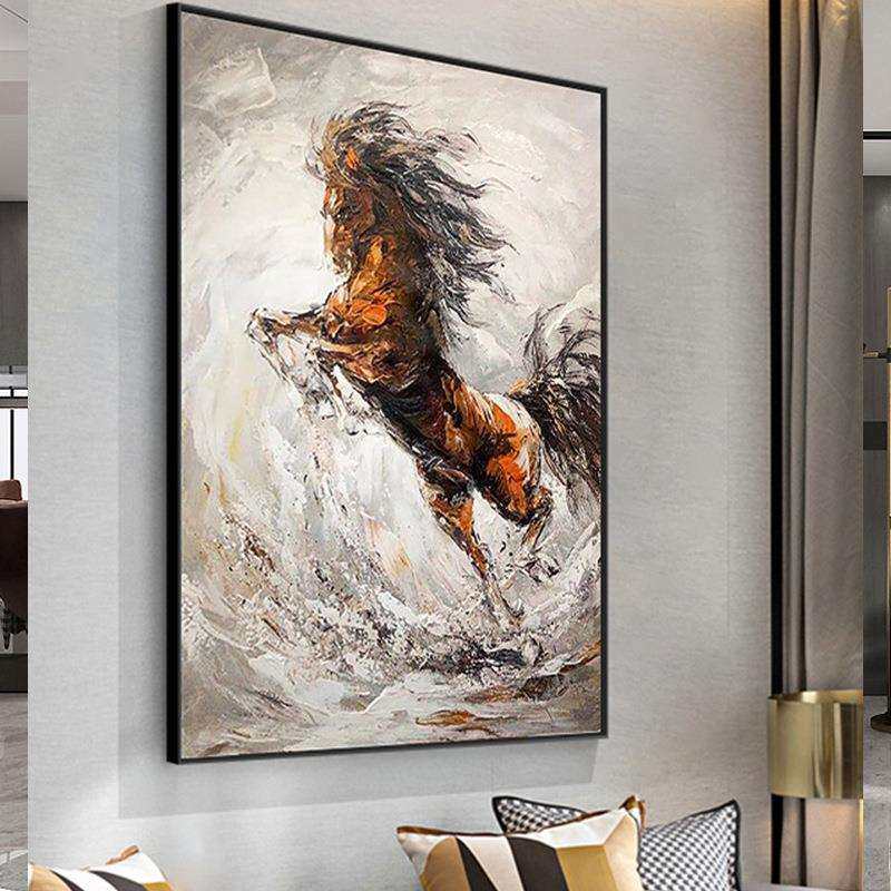 纯手绘油画现代简约玄关装饰画竖版客厅书房壁画欧式轻奢骏马挂画