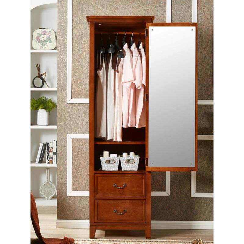 美式实木单门衣柜60CM宽小户型家用卧室储物柜入户带镜子小挂衣柜