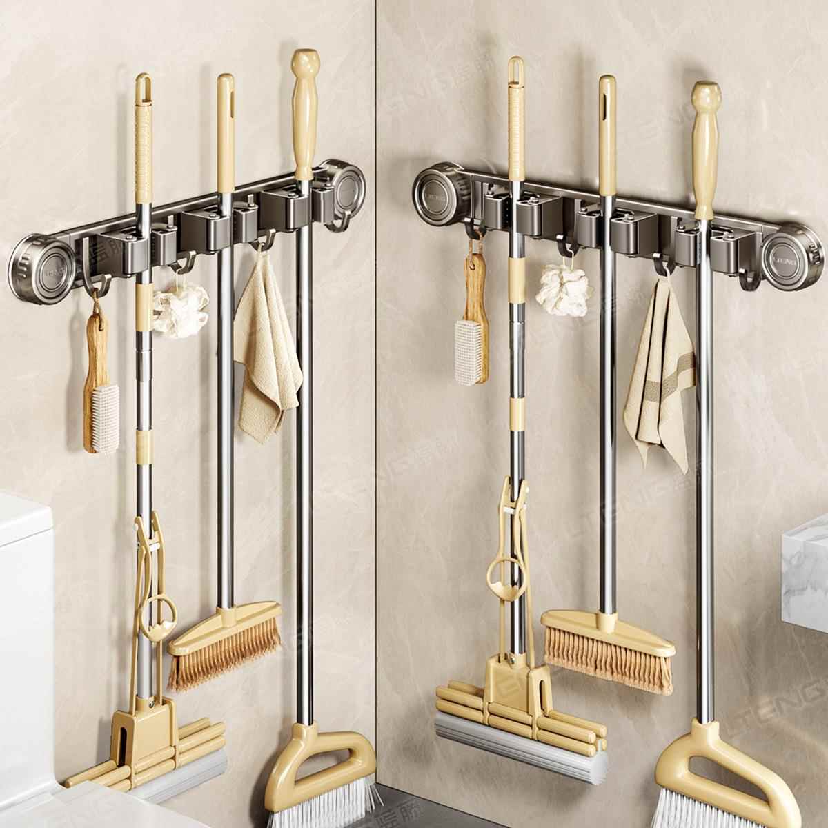 强力式吸盘多功能拖把架卫生间免打孔扫把抹布挂钩清洁工具收纳架