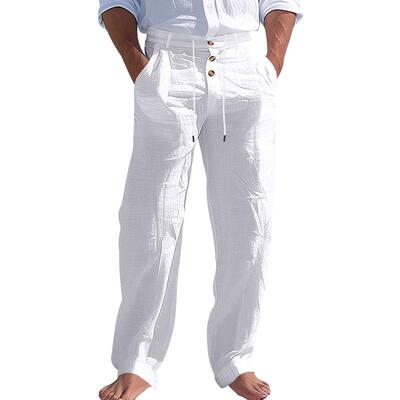 Men Color Linen Straight Casual Beach Pants Drawstring Waist