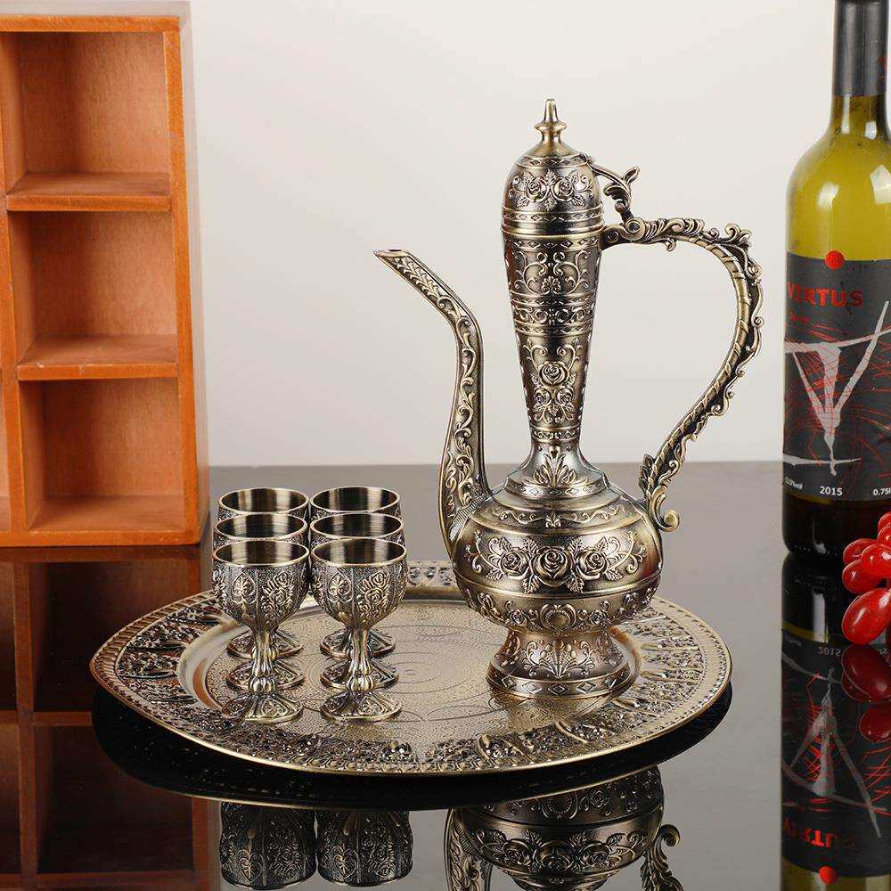欧式轻奢复古酒壶新款锌合金酒具套装八件套立体浮雕家居酒具摆件