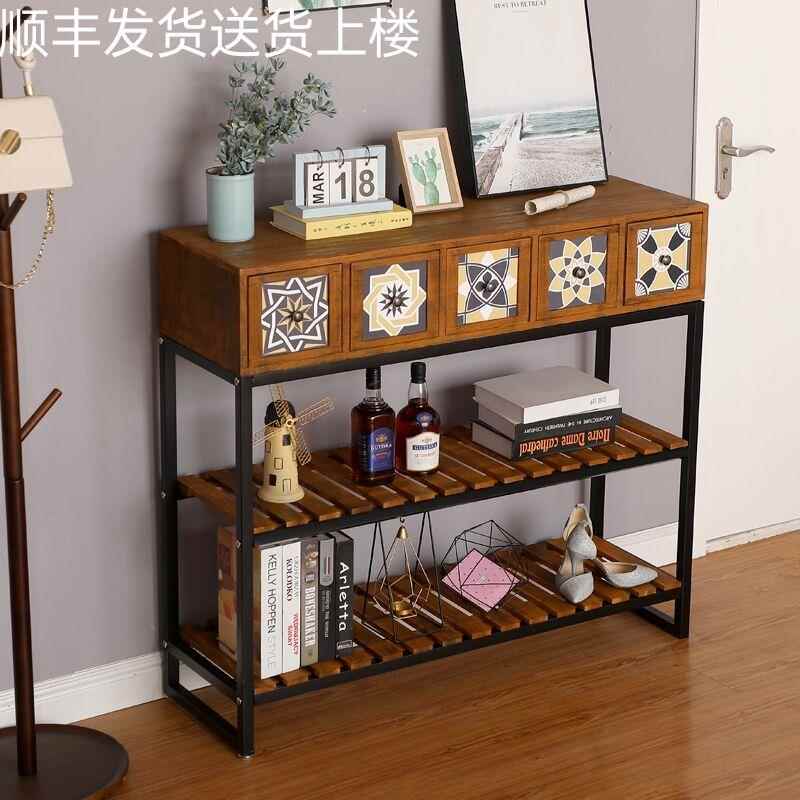 N5复古五斗柜铁艺置物架多功能客厅玄关柜靠墙电视柜卧室收纳阳台