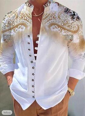 Men’s Casual Button-Collared Khaki Ethnic Shirt - Polyester