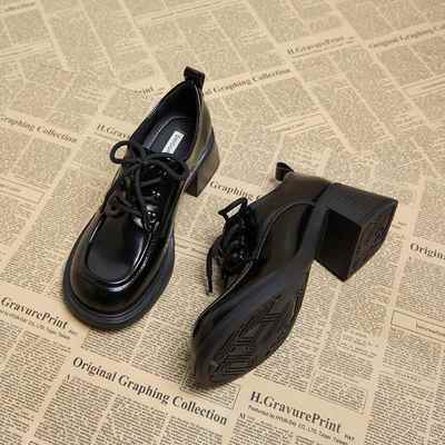 2025秋冬百搭英伦风系带小皮鞋女秋冬深口黑色粗跟高跟乐福1213r