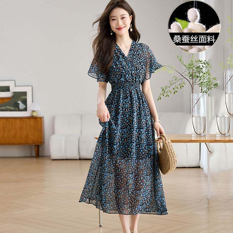 杭州高端桑蚕丝洋装2025新款女夏季奢华大牌中长版真丝碎花裙子