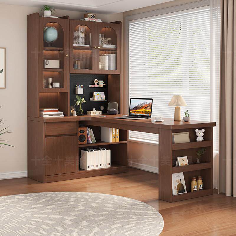 转角书桌书架一体桌卧室儿童学习写字桌实木家用办公桌台式电脑桌