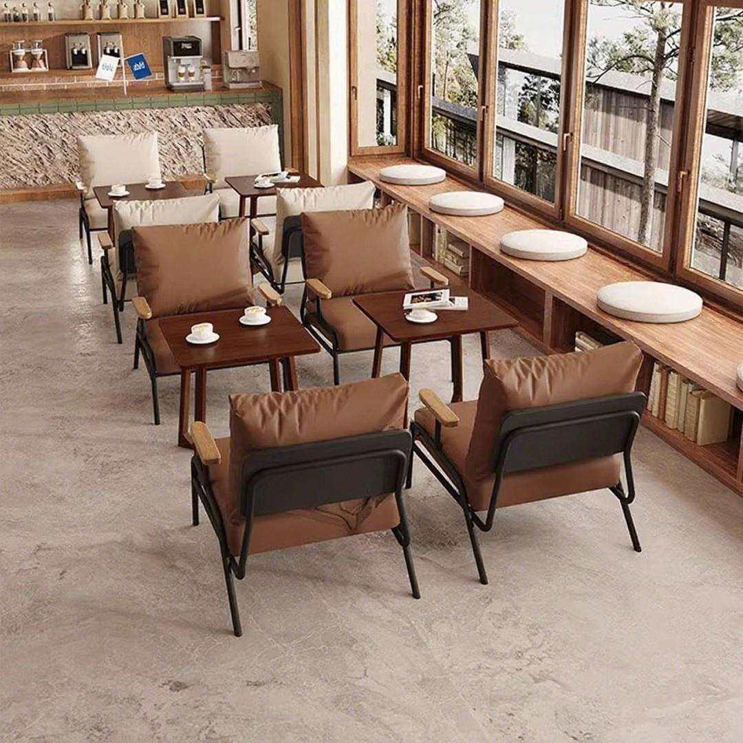 实木桌椅组合咖啡店椅餐厅奶茶店酒店大堂接待布艺沙发餐厅商用