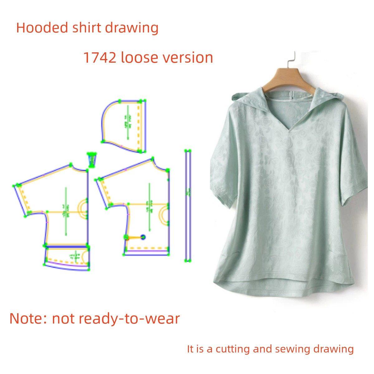 DIY服装纸样裁剪图1742款女士宽松连帽小衫样板图纸1:1设计制作