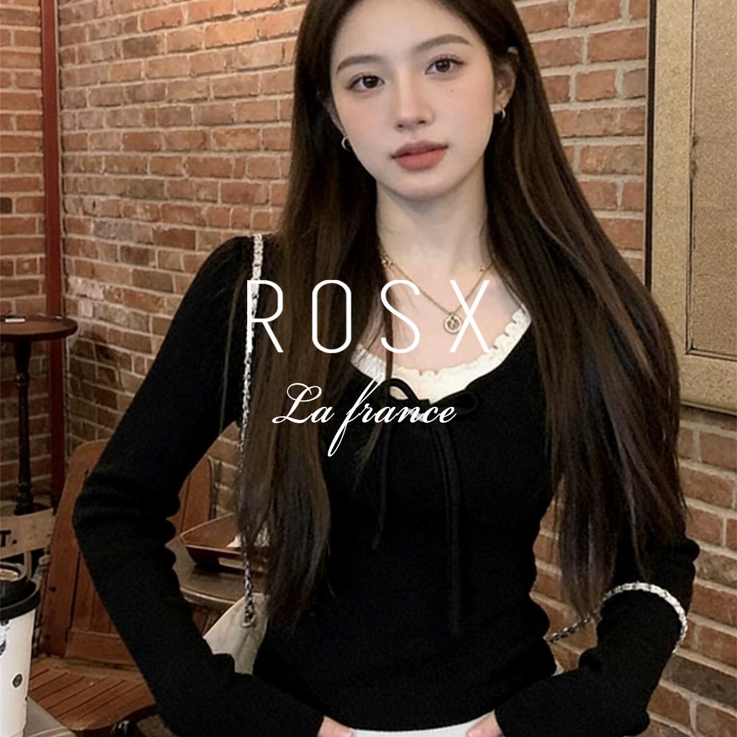 ROSX法式辣妹黑色假两件木耳边针织衫女春季新款小众设计感打底衫