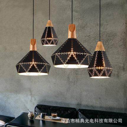 北欧创意个性餐厅吊灯复古工业酒吧台咖啡厅几何六边形木单头吊灯